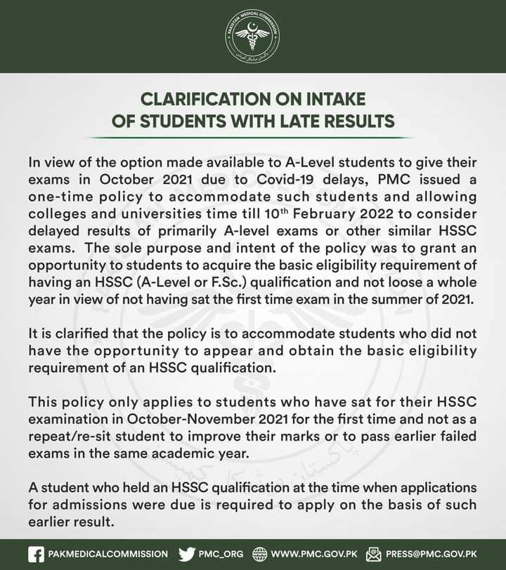 clarifications on intake of students with late results